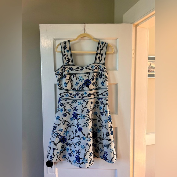 tea length wedding guest dress Nerina | Floral Strapless Teal Length A Line Dress
